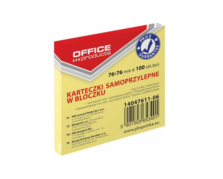 Χαρτάκια Σημειώσεων Αυτοκόλλητα, Office Products, 14047611-06, 76x76mm, Κίτρινα - Image 1